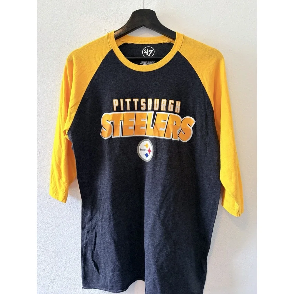 47 Brand Pittsburgh Steelers T-Shirt Raglan 3/4 Sleeve Gray Yellow Woman Small